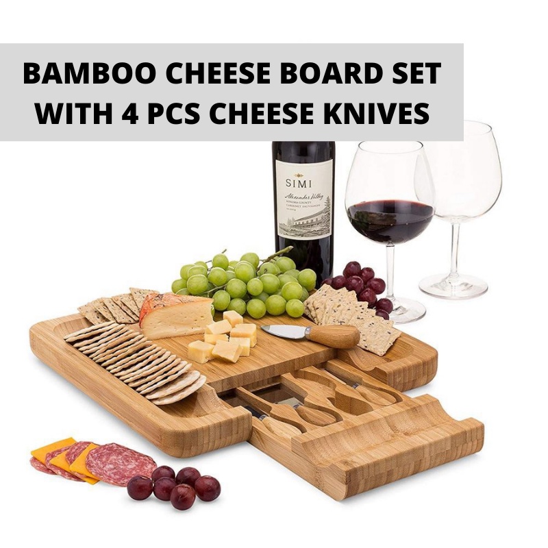 Bamboo Cheese Board Set with 4 PCs Cheese Knife | Shopee Singapore