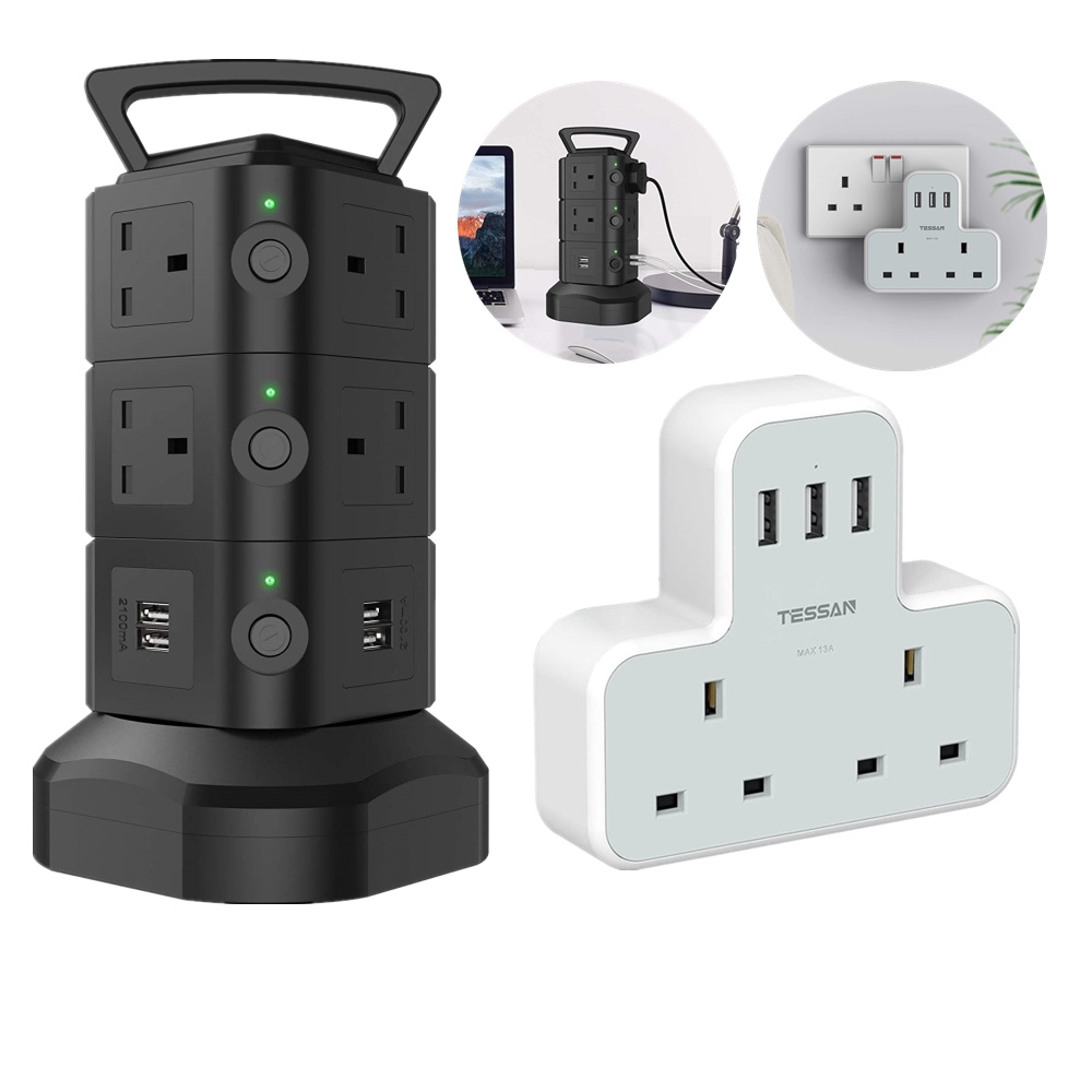 TESSA 4 USB Multi Plug Adapter Extension Socket Power Strip Tower