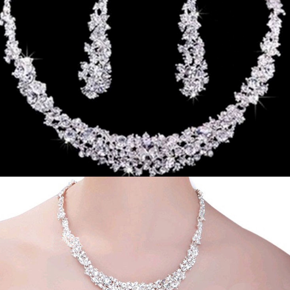 Women Elegant Bridal Jewelry Sets Wedding Rhinestone Crystal Silver Color Necklaces Earrings #3