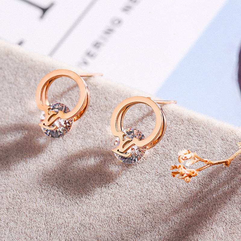 European  American Fashion New Style Inlaid Zircon Earrings Ladies Stainless Steel Rose Gold Hypoallergenic Jewelry