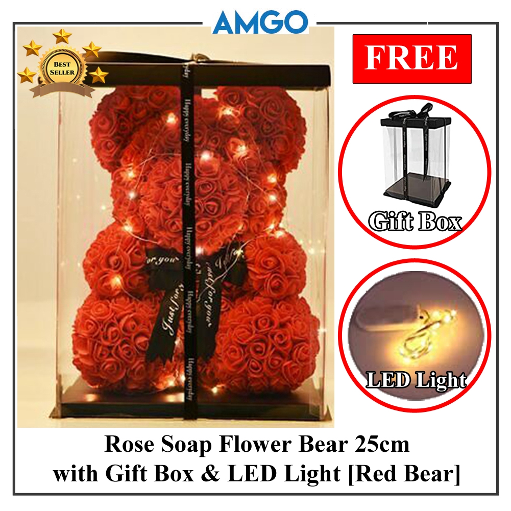 AMGO Rose Soap Flower Bouquet 25cm Teddy Bear Box LED 小熊玫瑰香皂花束礼盒 ...