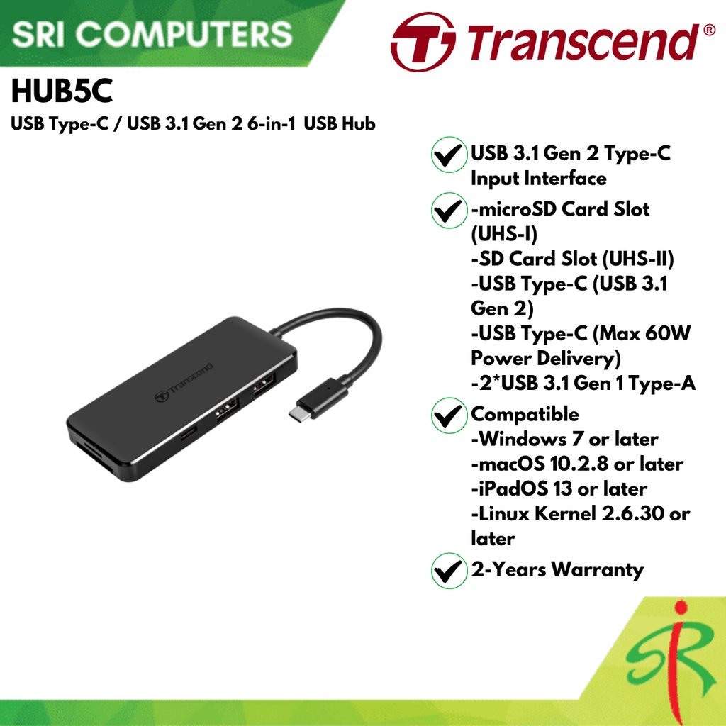 Transcend HUB5C USB Type-C /USB 3.1 Gen 2 6-in-1 USB Hub (2-YEARS ...