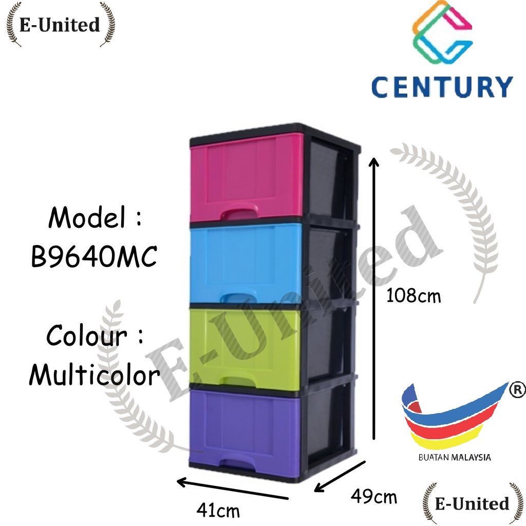 Century*B9640MC - Single Column MultiColor 4 Tier Plastic Drawer ...