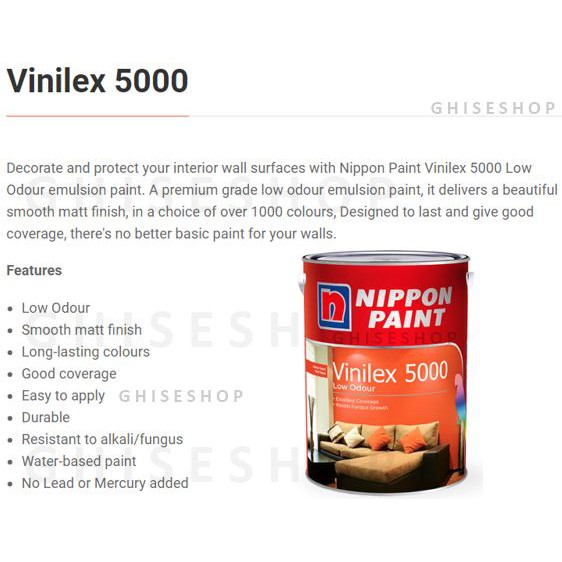 NIPPON PAINT Interior Paint 1 Liter Odourless, Vinilex, Antimould White, Vinyl Silk, Medifresh