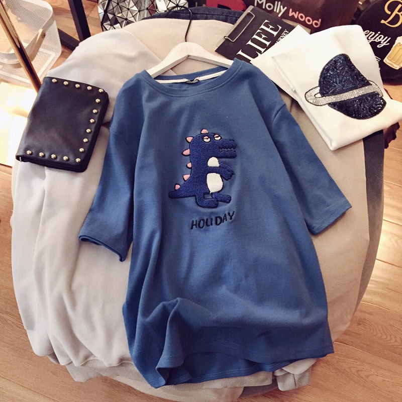 Cindyc Summer Dinosaur Pattern Loose Oversize Tops New Korean Clothes Short-sleeve Women T-shirt Baju Clothing Blouse