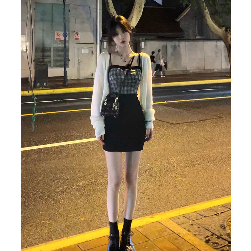 Large Women's Clothing Autumn And Winter Pure Desire Suit Plaid Hip Strap Dress + Long Sleeved Knitted Cardigan Two-piece Set