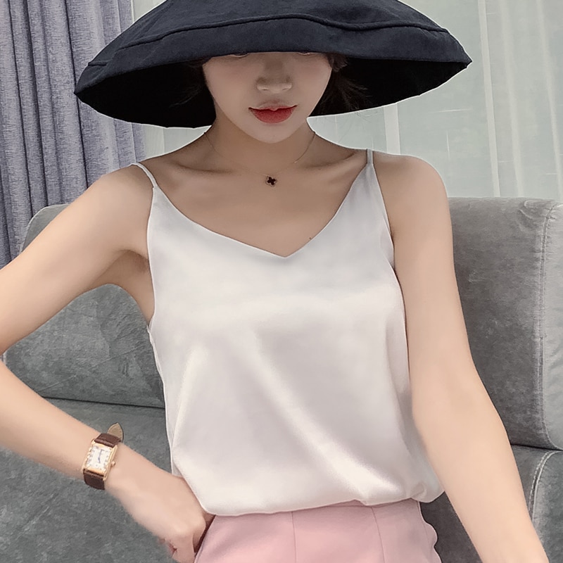 Korean Silk Top Women V-neck Satin Tank Tops Woman Sleeveless Black Tees  Cami Sexy Halter Top Plus Size Elegant Women White Tops | Shopee Singapore