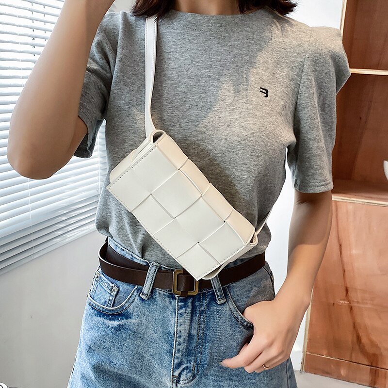 JASMIN NOIR Weave  PU Leather Small Fanny Packs For Women 2021 Summer New Fashion Ladies Waist Belt Bag Girls Shoulder Purses