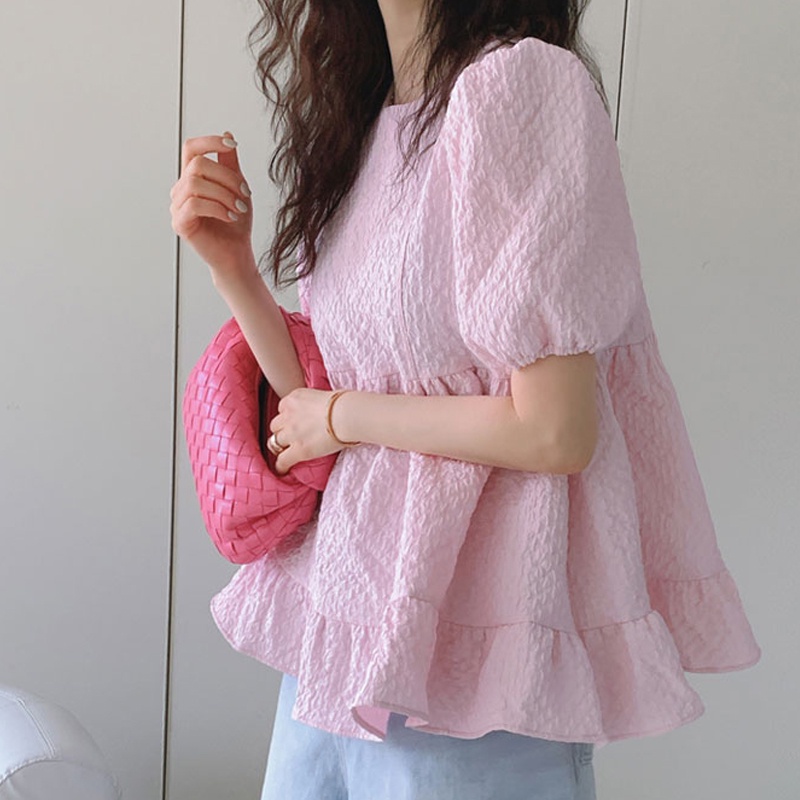 Mandice Loose Ruffled Puff Short-Sleeved Shirt Women's Clothing Casual Top