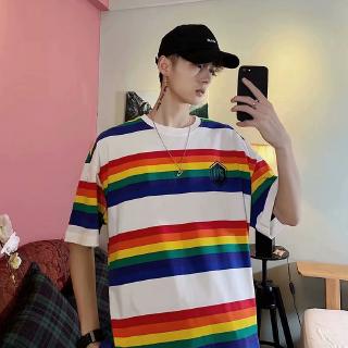 Korean Clothes Rainbow Striped Short T-shirt Women Summer Harajuku