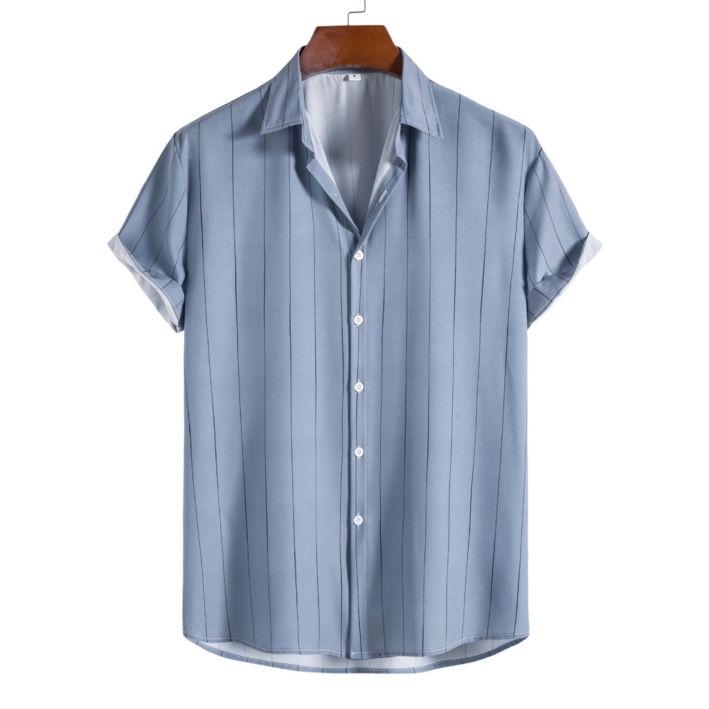 Chic loose blue white striped printed button short sleeve shirt deals