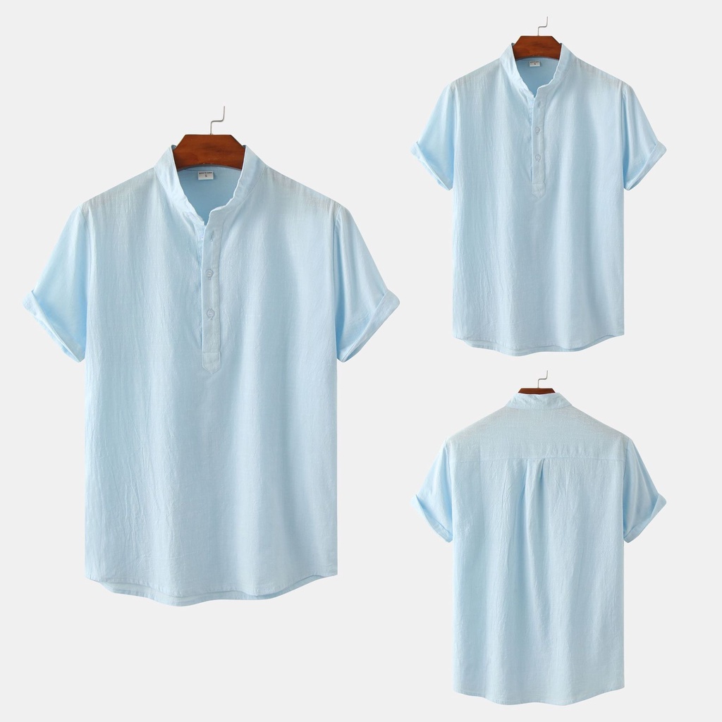 Men's Casual Solid Color Short Sleeve Pullover Shirt Linen Stand Collar ...