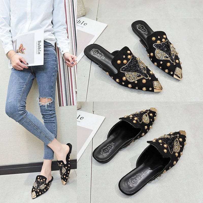 Women s Mules Shoes Fashion Pointed Toe Flats with Embroidered Fox Pattern