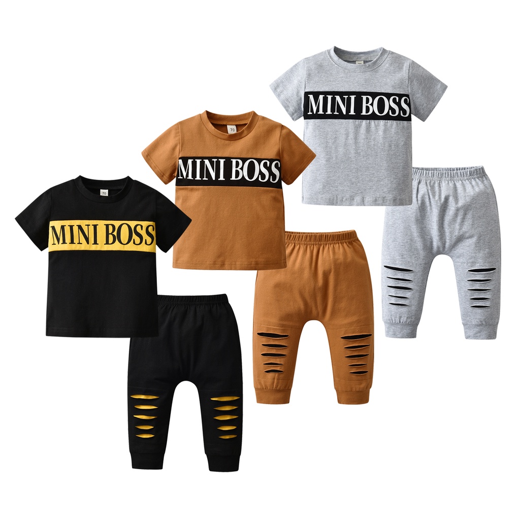 Toddler Baby Boys Summer Clothes Short Sleeve Letter Printed T-shirt + Hole  Pants Two-pieces Set