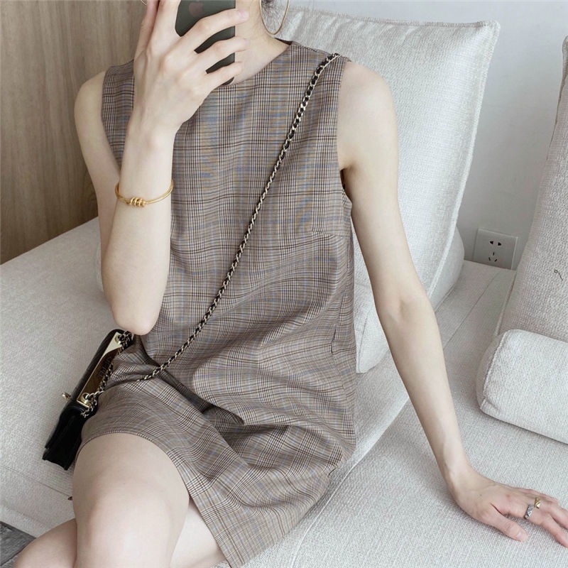 Hong Kong Style Retro Light Luxury Checked Sleeveless Dress Female