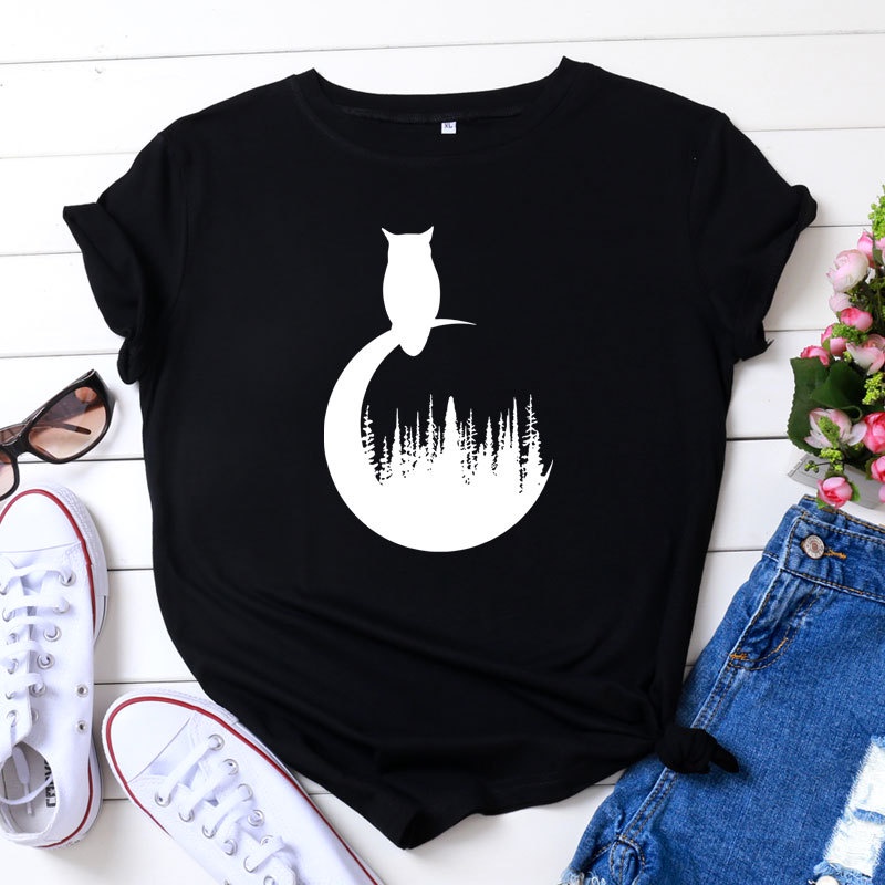 Owl Print Round Neck Cotton Short Sleeve T-shirt Women Tops Art Graphic Clothing Summer Fashion Female T Shirts