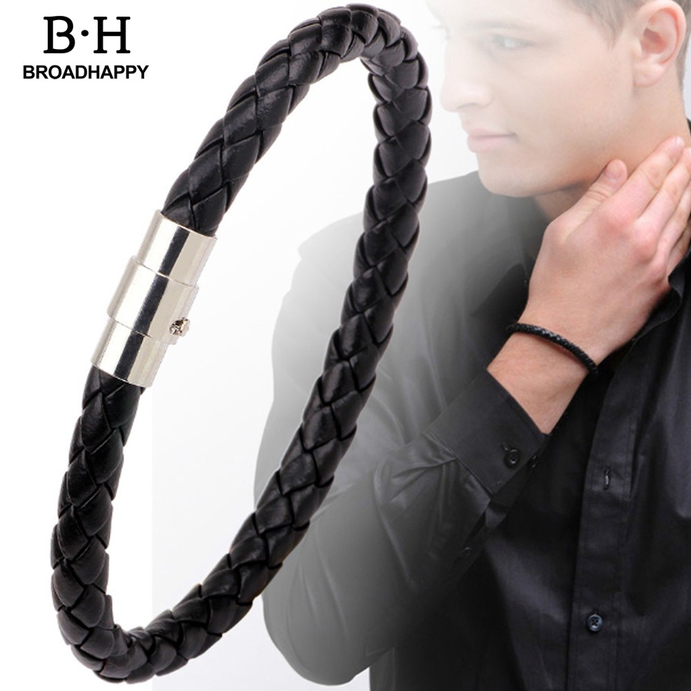 Broadhappy Men Faux Leather Rope Braided Magnetic Buckle Bracelet Cuff Jewelry