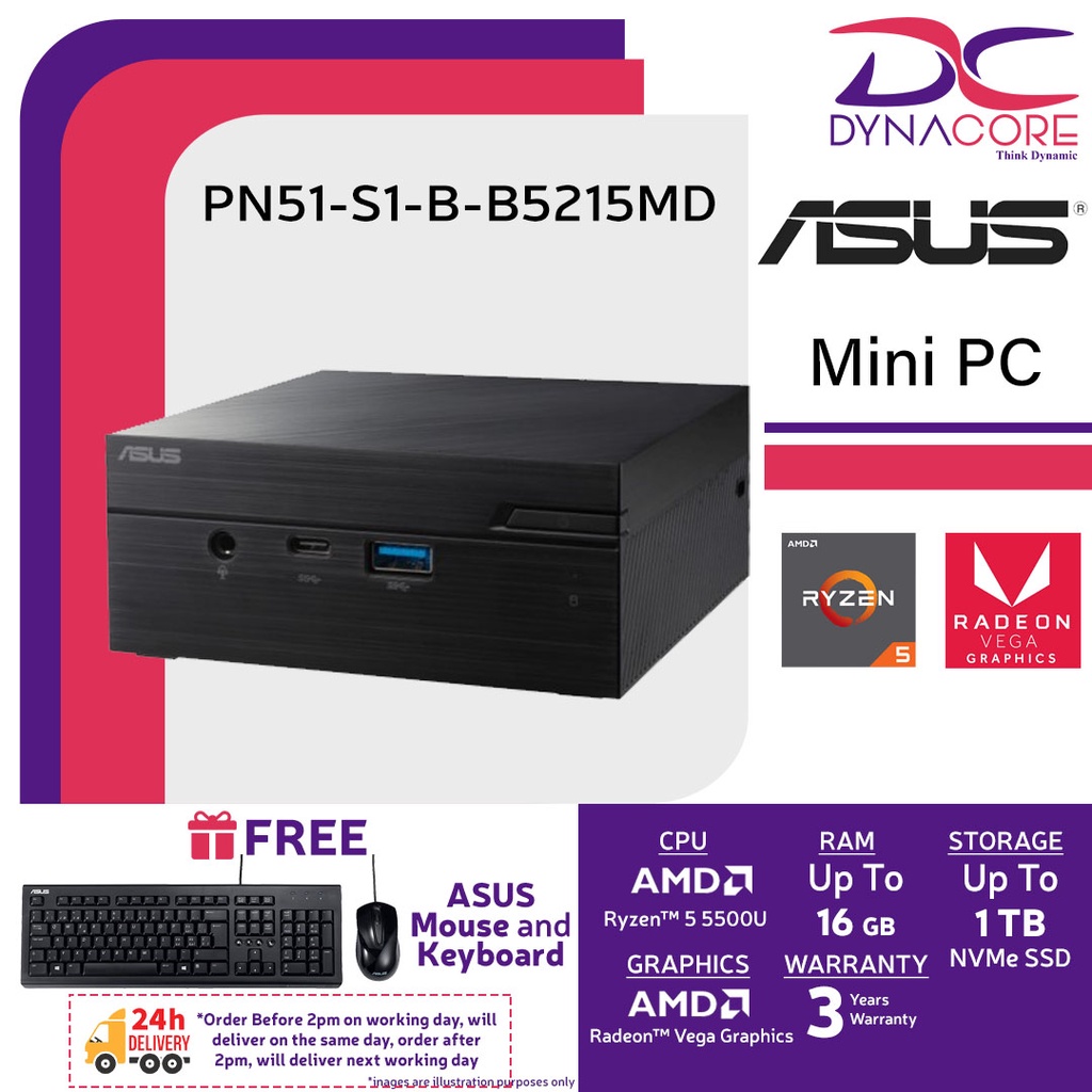 【DELIVERY IN 24 HOURS】ASUS PN51-S1-B-B5215MD (AMD RYZEN 5 5500U/HDMI/DP/WIFI 6 BAREBONE MINI PC) (3YEARS WARRANTY)