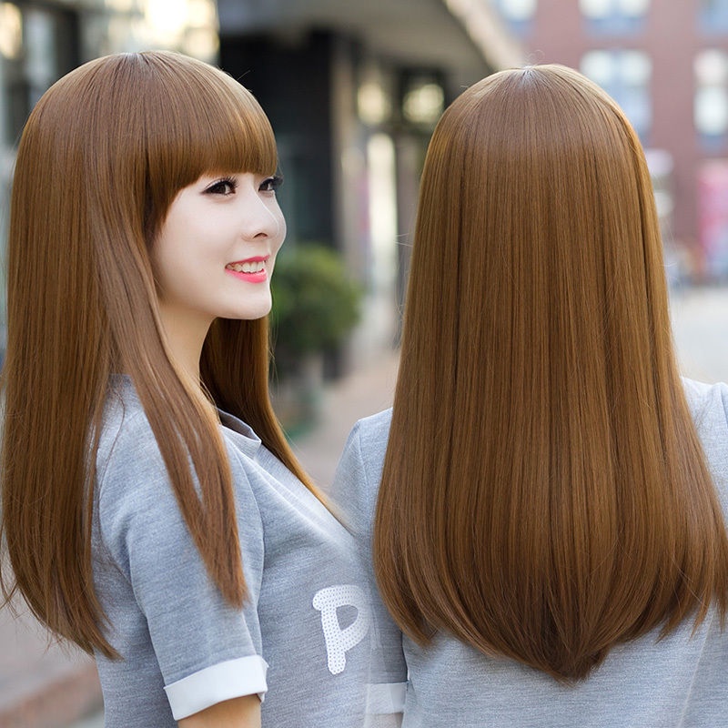 Wig Female Whole Top Korean Fashionable Bangs Medium Length Straight Hair Realistic Fake Set Full Long Invisible Seamless Inner Buckle Curly Influencer Round Face Wig for Women Wig for Woman Women Wig...