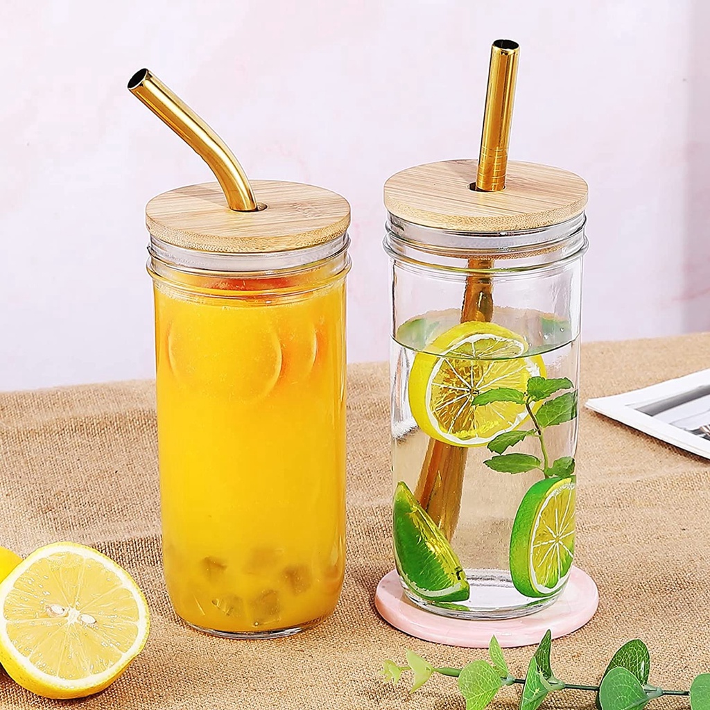 Mason Jars for Drinking Cup Bubble Tea Glass Cup with Bamboo Lid Reusable  Glass Boba Smoothie Cup with Stainless Steel Straw Cup Glasses