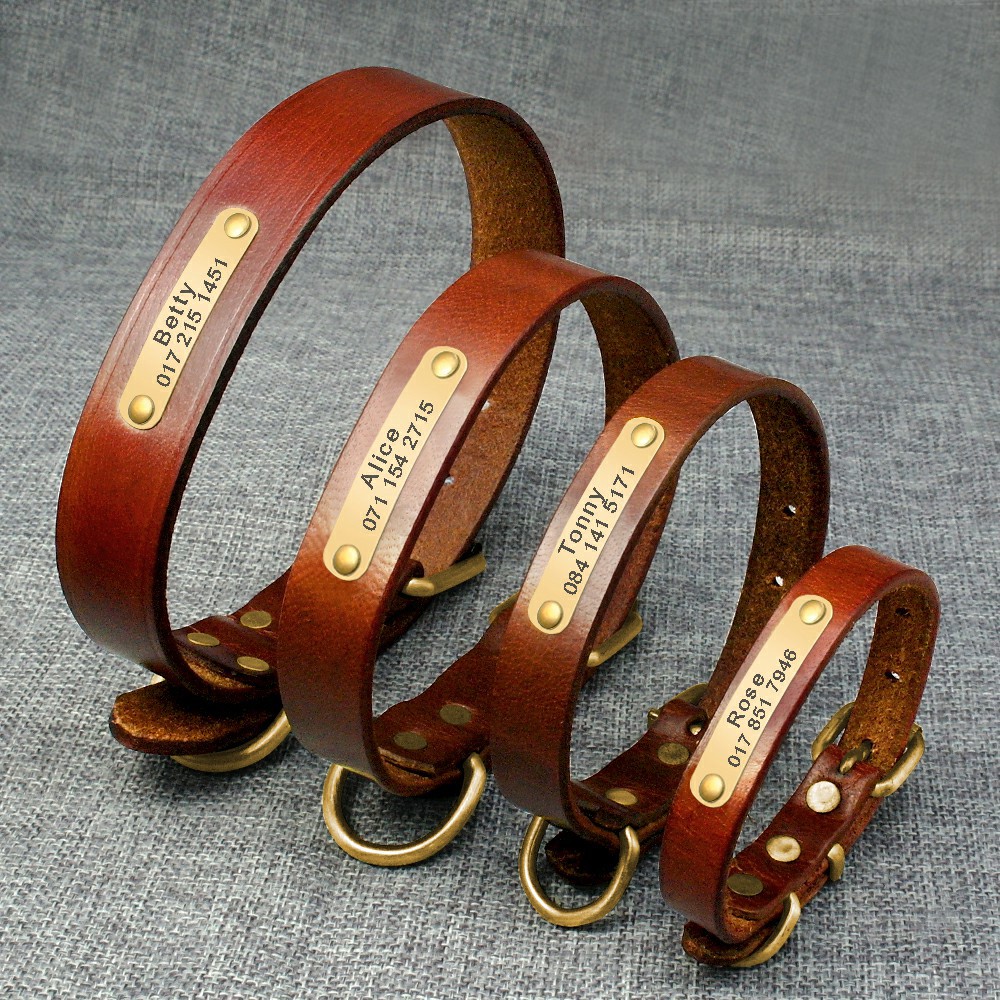 Personalized Real Leather Dog Collars Customized Name ID Tag Rottweiler ...