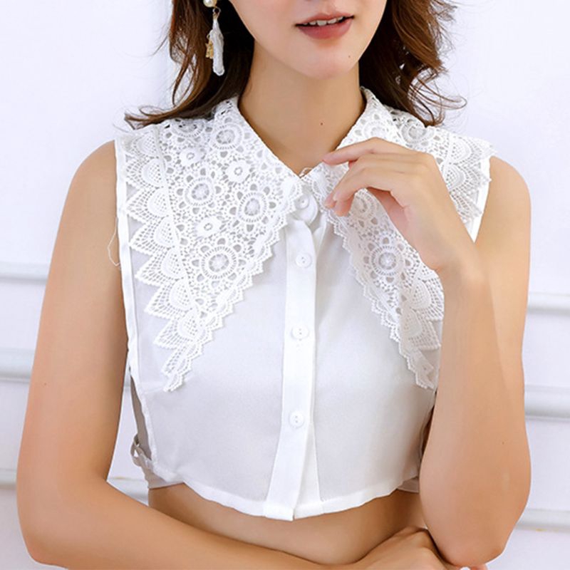 Clothing Accesories  Women Hollow Floral Lace Fake Collar Detachable Buttons Large Pointed Lapel Half Shirt