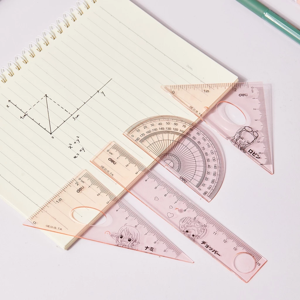 Deli One Piece School Ruler Set / Set Penggaris Sekolah 4 in 1 Lucu Gambar One Piece Dengan Pouch Plastik EH17 - Gambar 3