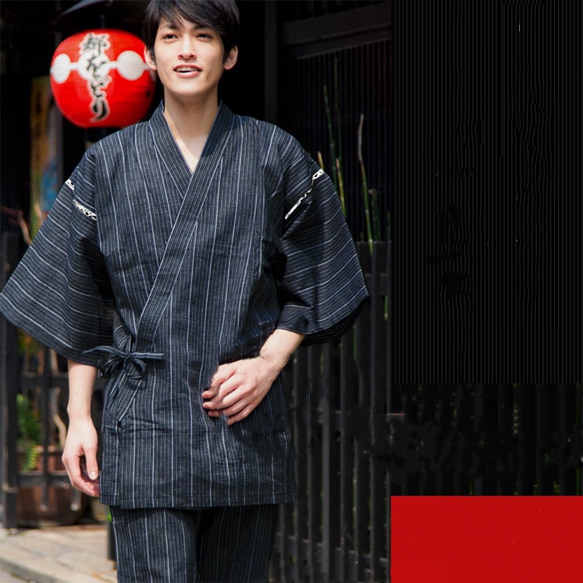 2PCs Set Samurai Men Japanese Kimono Set Striped Solid Color V-neck ...