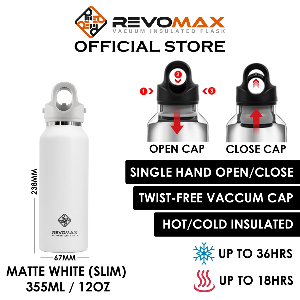 Revomax Vacuum Insulated Stainless Flask, 355ml / 12oz Slim