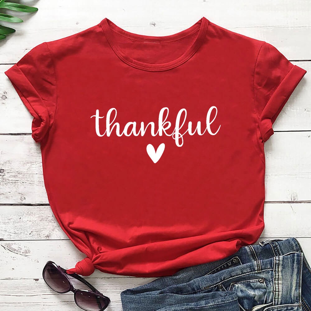 Thankful Letter Heart Print O-neck Short Sleeve T Shirt Women's Grateful Slogan Clothing Gift Ladies Cotton T-shirt Female Tops