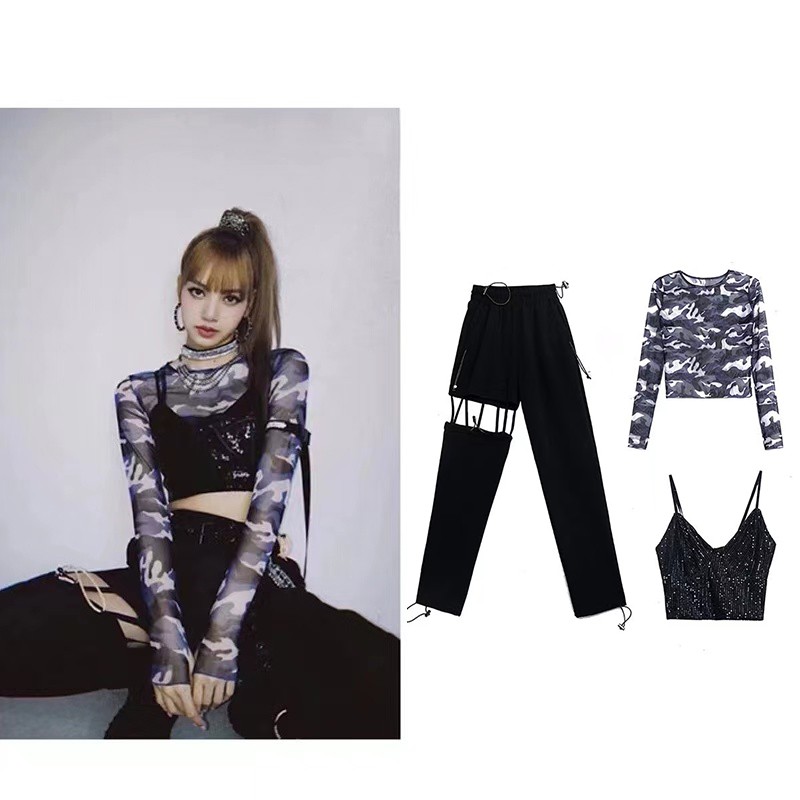 blackpink Lisa korean style jazz dance clothing set women Camouflage long sleeve T shirt + High waist loose trousers pants