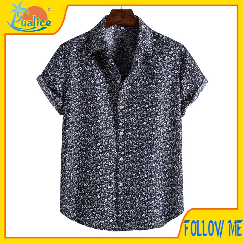 Mens floral printing ethnic style cotton shirts short sleeve loose hot sale casual shirt tops