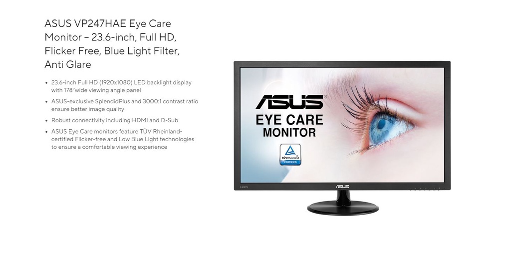 ASUS VP247HAE Eye Care Monitor – Full HD, Flicker Free