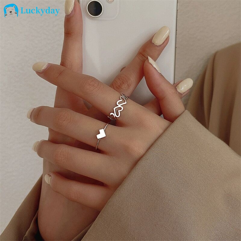 YEEZII Korean Ring Set Simple Cute Silver  Heart AdjustableRing for Women Accessories Jewelry