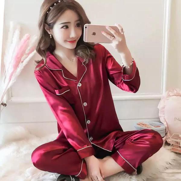 Women Satin Silk Pyjamas Long Sleeve Plus Size M 5XL Nightwear Silk Sleepwear Women Plain Pajamas