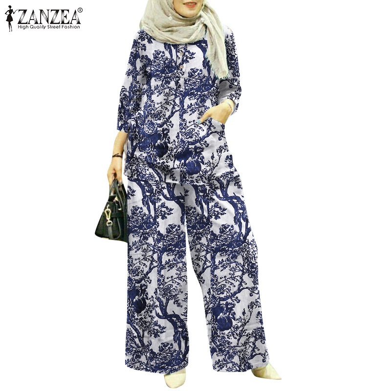 ZANZEA Two Piece Sets Tops Loose Pants Women Dubai Muslim Kaftan Islam Turkish Islamic Clothing Plus Size Sets