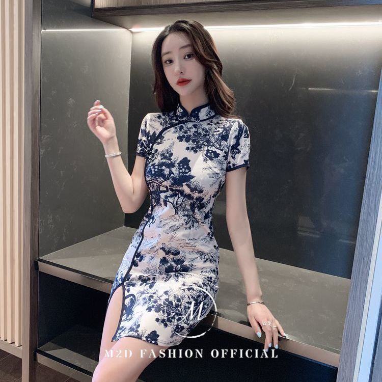 CNY Front Slit Mini Qipao Blue White Floral Print Modified Cheongsam Mini Dress D232