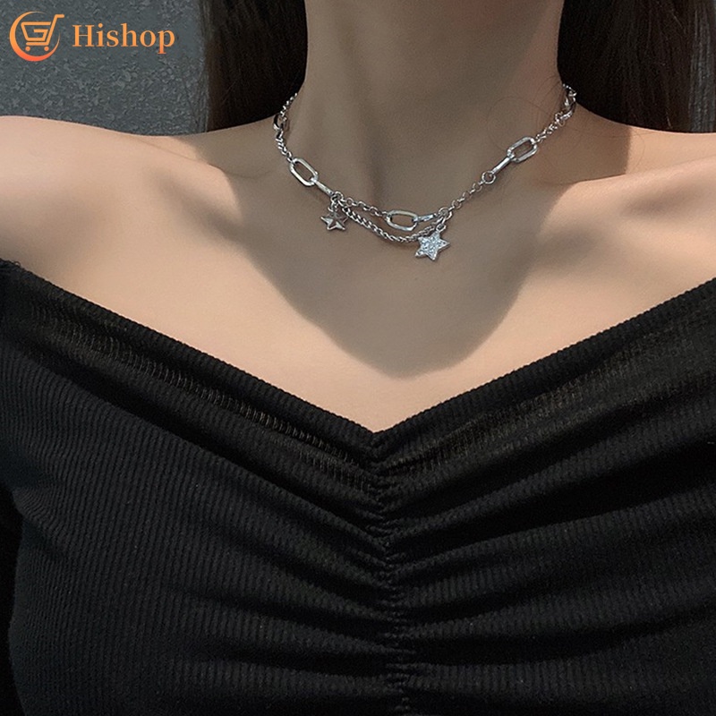 Crystal Star Necklace Silver Chain Y2k Style Choker Women Fashion Jewelry Accessories