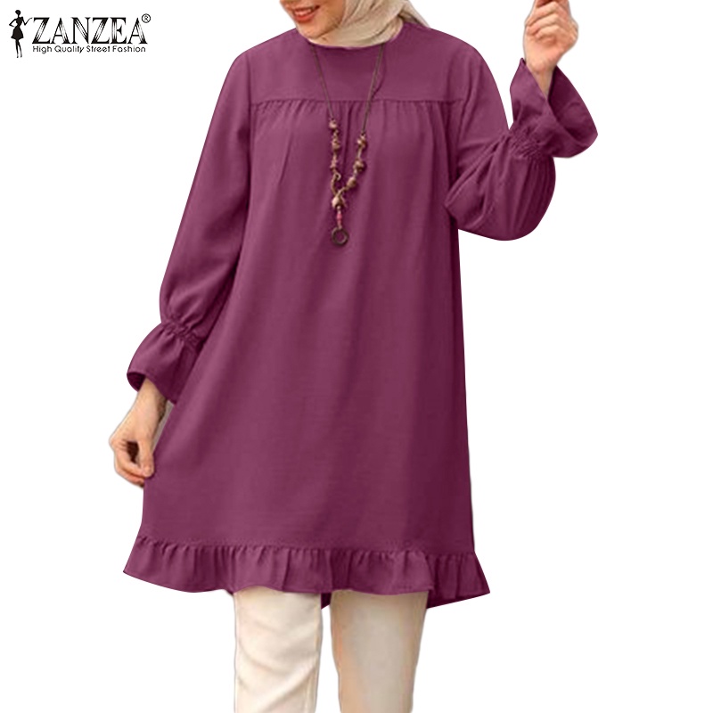 ZANZEA Muslim Shirts Women Autumn Casual Retro Long Sleeve Turkish Solid Islam Blouse