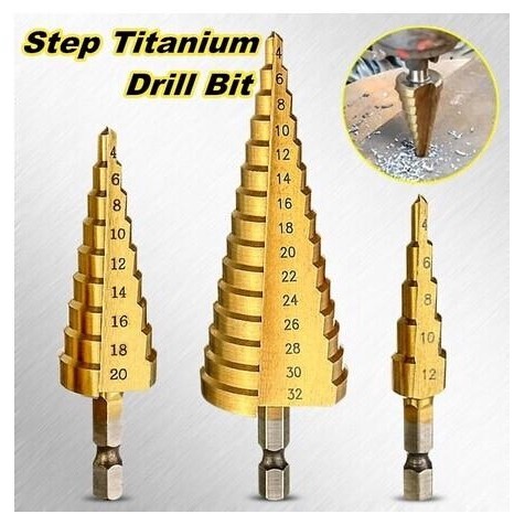 Hss Titanium Coated Drill Bits Step Drill Bits Cone Metal Hole Cutter 4-12/20/32mm Hex Tapered Metal Drill Bits Power Tools