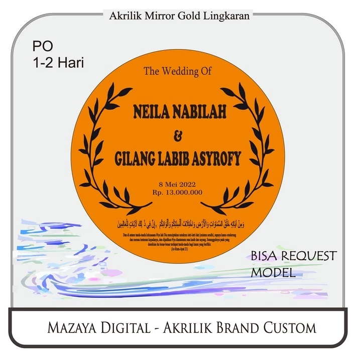AKRILIK MIRROR GOLD bulat, Custom Nama Dekorasi Mahar - Gambar 3