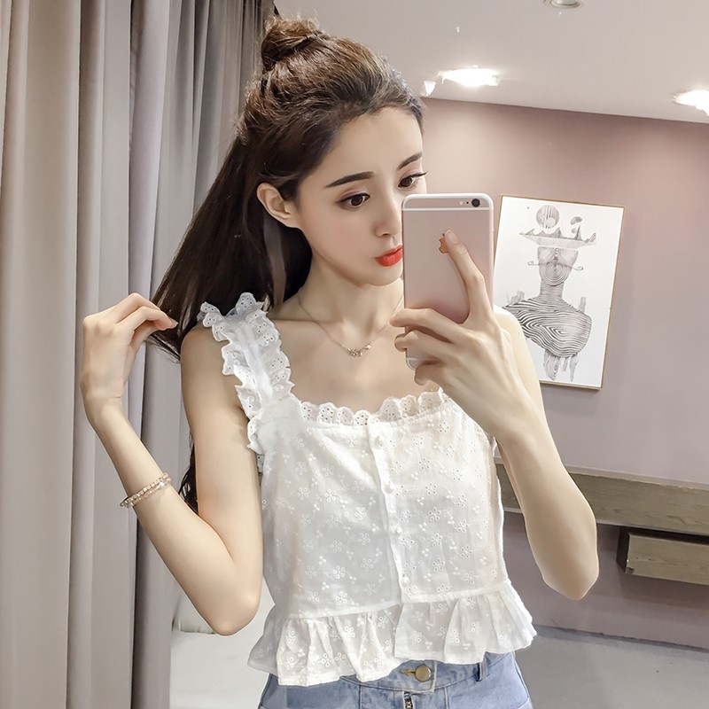 Korean Style Women White Tops Girls Sleeveless Shirts Crop Top Tank Camis