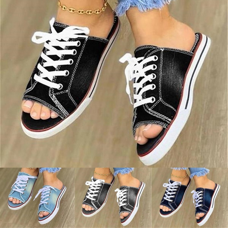 34-43 Fashion Women Canvas Sandals Breathable Summer Slippers Lace Up ...