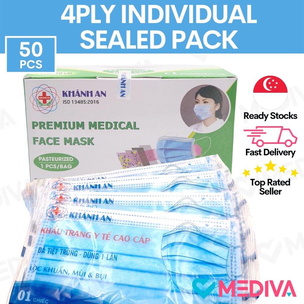 Individual Pack 4 Ply Surgical Face Mask | Blue Earloop in Sealed ...