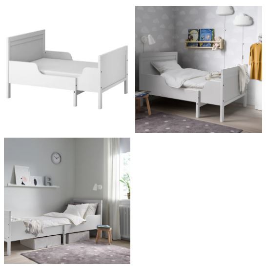 SUNDVIK Extendable Wood bed frame with slatted bed base, grey 80x200 cm