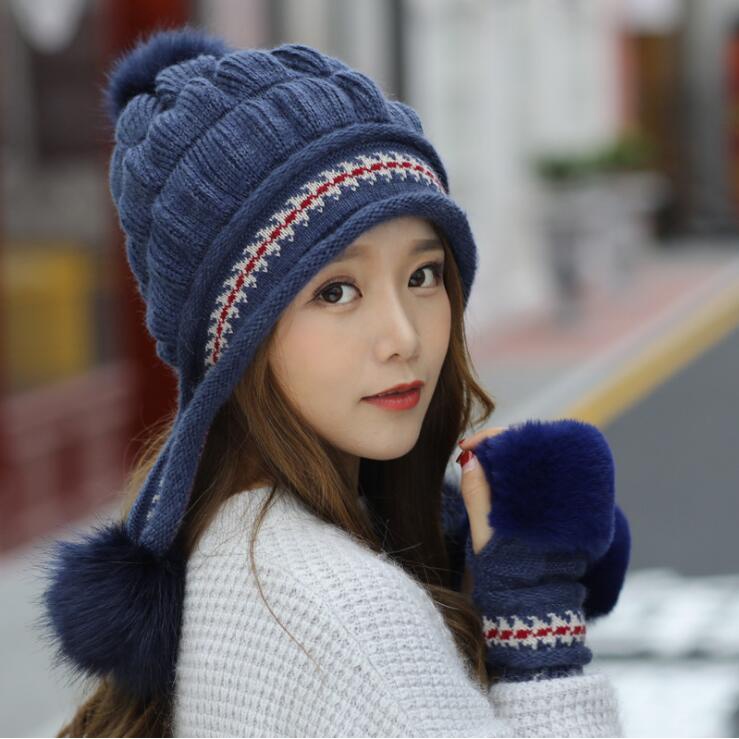 Ready Stock Girls Thicken Ski Snow Cap New Fashion Fur PomPoms Winter Women Beanie Hats Female Skullies Warm Gloves Knit Hat Set Fleece Rabbit Fur Knitted Hat Warm Wool Beanie