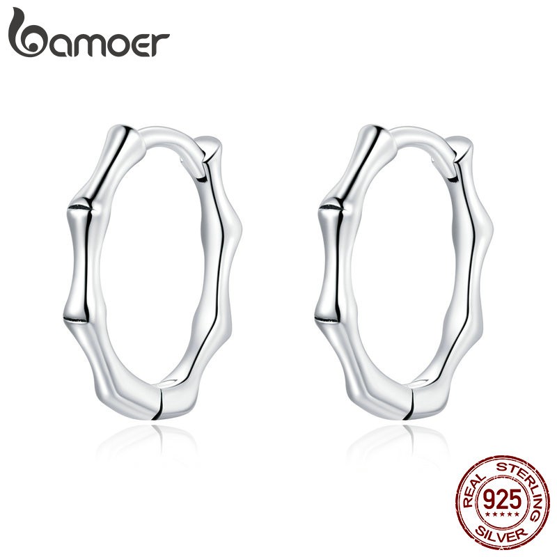 bamoer Authentic 925 Sterling Silver Bamboo Earrings Stud Earrings for Women Men Silver Fashion Hypoallergenic Jewelry SCE988