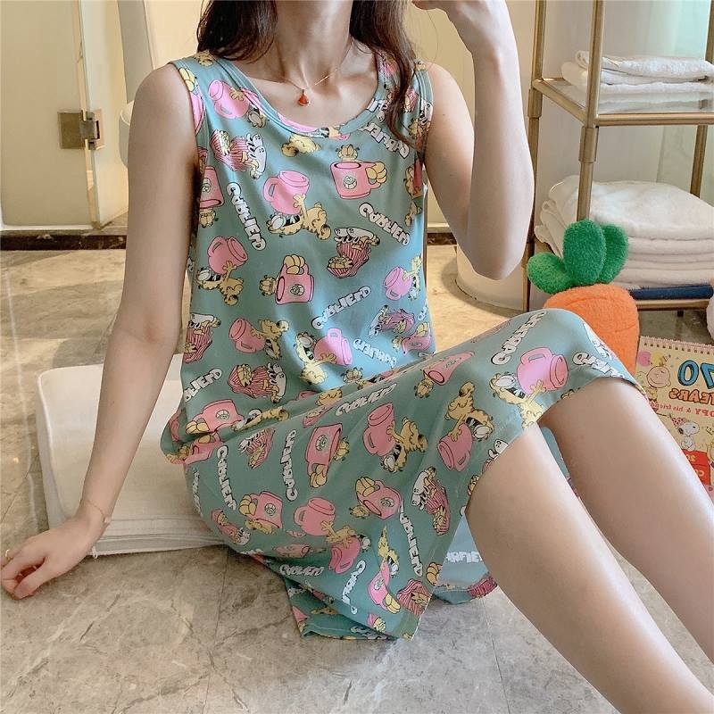Women's Pyjamas Milk Silk Garfield Print Loose sleeveless Nightdress Casual Home Sleep Pajamas With Chest Pad
