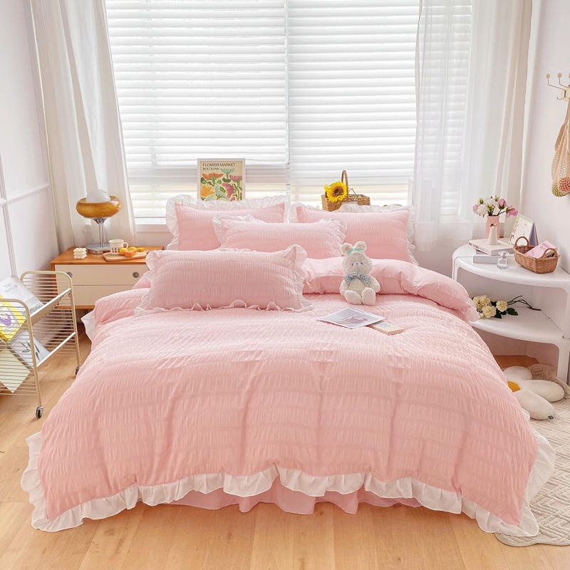 4 IN 1 Princess Style Bedding Set Seersucker Solid Style Quilt Flat