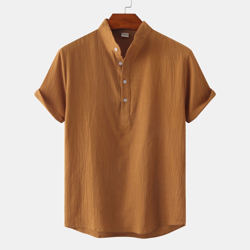 Men's Casual Solid Color Short Sleeve Pullover Shirt Linen Stand Collar ...
